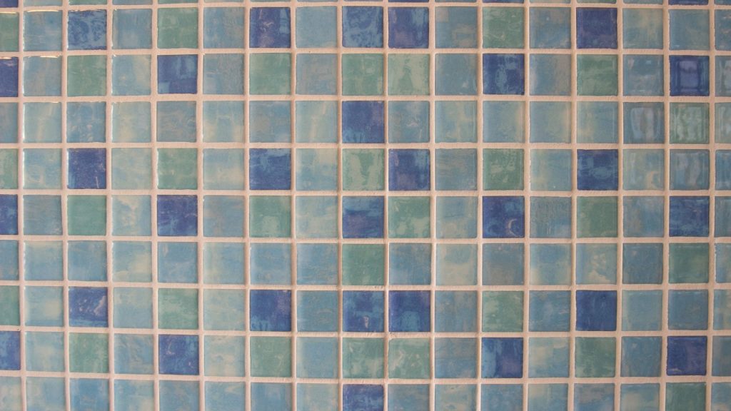 Blue and white bathroom floor tiles
